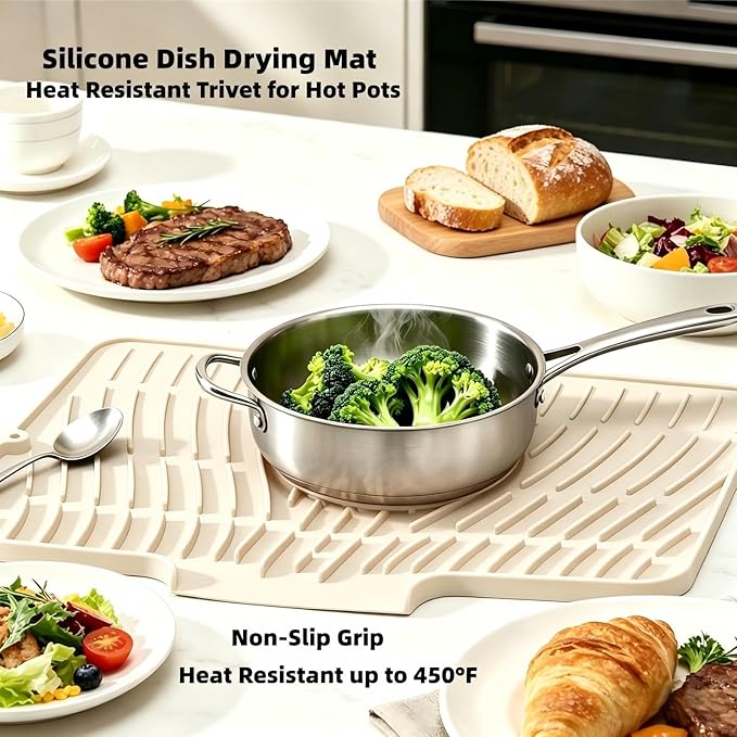 Silicone Dish Drying Mat for Kitchen Counter Sink,16"x13" Beige Rubber Dish Drying Mat with Drain Lip & Lanyard,Non-Slip dish drying Pad,silicone drying mat dish drain mat - Image 4