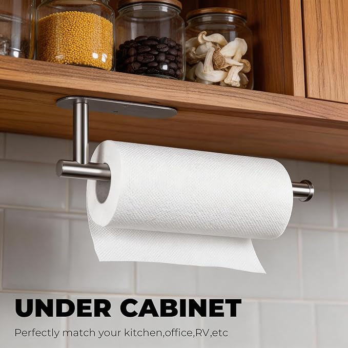 CUXIXA Paper Towel Holder Under Cabinet 2 Pack,Stainless Steel Paper Towel Holder Wall Mount for Kitchen, Bathroom, RV, Paper Towel Rack with Self Adhesive and Screws (Silver) - Image 4