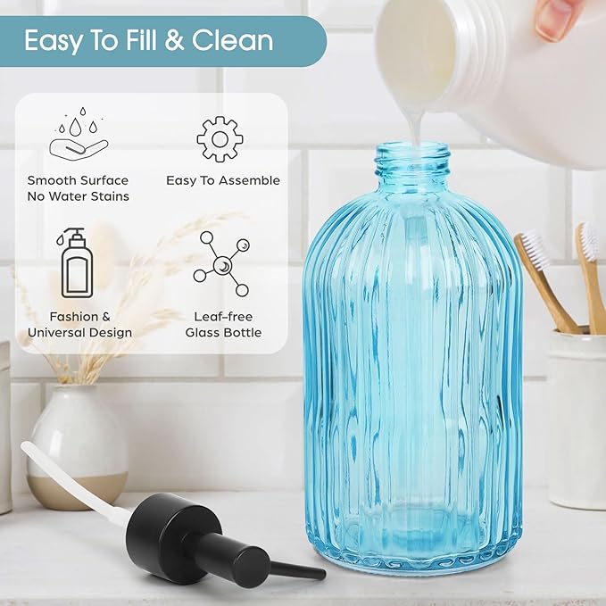 Topsky Stripe Glass Soap Dispenser with Black Plastic Pump, 400ml Liquid Hand Soap Dispenser, Rustproof Pump for Kitchen & Bathroom, Great for Lotions, Essential Oil, Liquid Soaps- (Light Blue) - Image 3