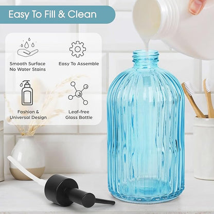 Topsky Stripe Glass Soap Dispenser with Black Plastic Pump, 400ml Liquid Hand Soap Dispenser, Rustproof Pump for Kitchen & Bathroom, Great for Lotions, Essential Oil, Liquid Soaps- (Light Blue) - Image 3
