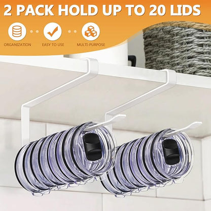 Tumbler Lid Organizer 2 Pack Tumbler Lid Storage Hook Up to 20 Lids, Space Saving Cup Lid Organizer Under Cabinet Tumbler Lid Hanger for Kitchen Storage, Horizontal Paper Towel Hanger (White)