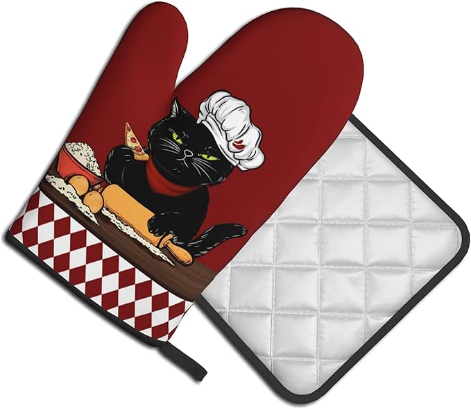 Cat Pot Holders and Oven Mitts - Red Cooking Gloves Hot Pads for Kitchen Fun Chef Gifts for Cooking Lover Cooks - Image 2