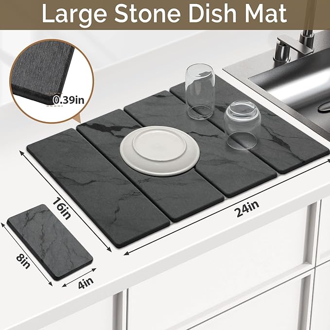 Large Stone Dish Drying Mat for Kitchen Counter, 2 PCS Quick Dry Stone Mats, Foldable Water Absorbing Diatomaceous Earth Drying Dishes Pad for Countertop Bottles Utensils Cup(Dark gray 24"x16"&8"x4") - Image 2