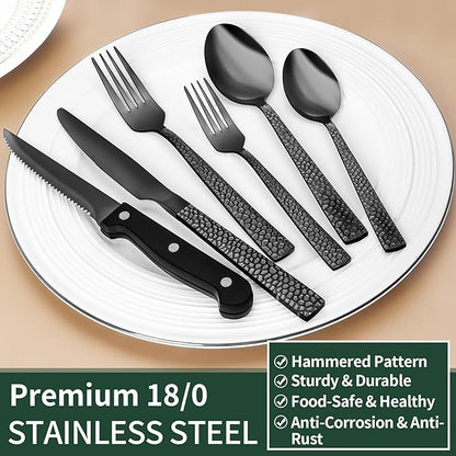 EWFEN 24-Piece Black Silverware Set with Steak Knives, Black Flatware Set for 4, Food-Grade Stainless Steel Tableware Cutlery Set, Mirror Finished Utensil Sets for Home Restaurant, Hammered Edge - Image 5