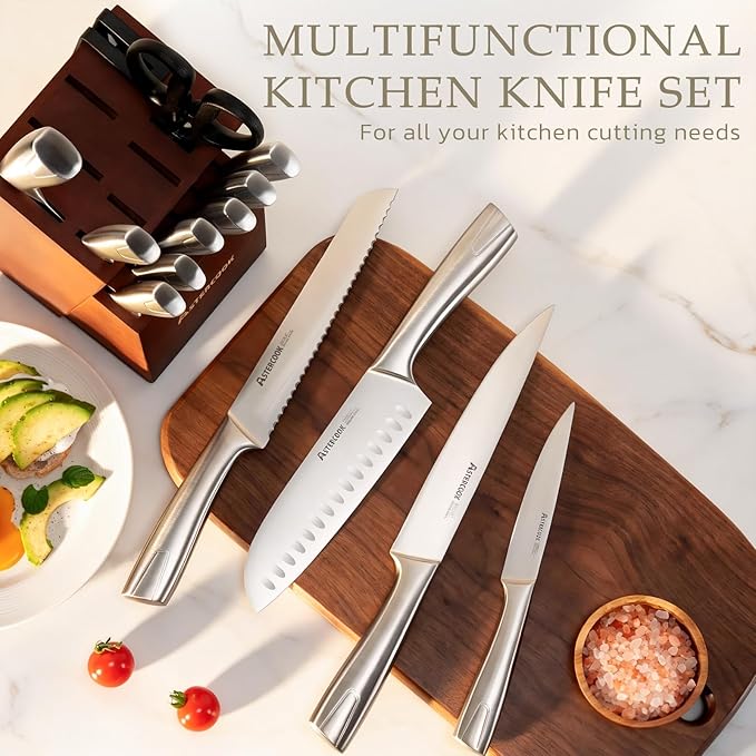 Astercook Knife Set, Kitchen Knives Set with Block and Sharpener Full Tang 15 Pcs Premium Stainless Steel Knives, Dishwasher Safe Knife Set with Anti-slip Ergonomic Handle, Walnut, Mothers Day Gifts - Image 6