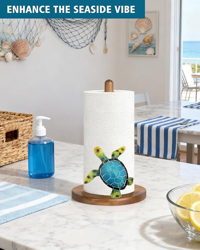 Green Turtle Paper Towel Holder, Coastal Beach Ocean Home Decor for Kitchen Bathroom Countertop, 3D Sea Turtle Gifts for Women
