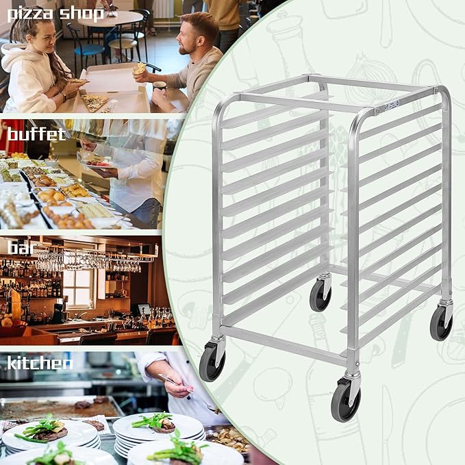 HALLY SINKS & TABLES H Bun Pan Rack 10 Tier with Wheels, Commercial Bakery Racking of Aluminum for Full & Half Sheet - Kitchen, Restaurant, Cafeteria, Pizzeria, Hotel and Home, 26" L x 20" W x 38" H - Image 7