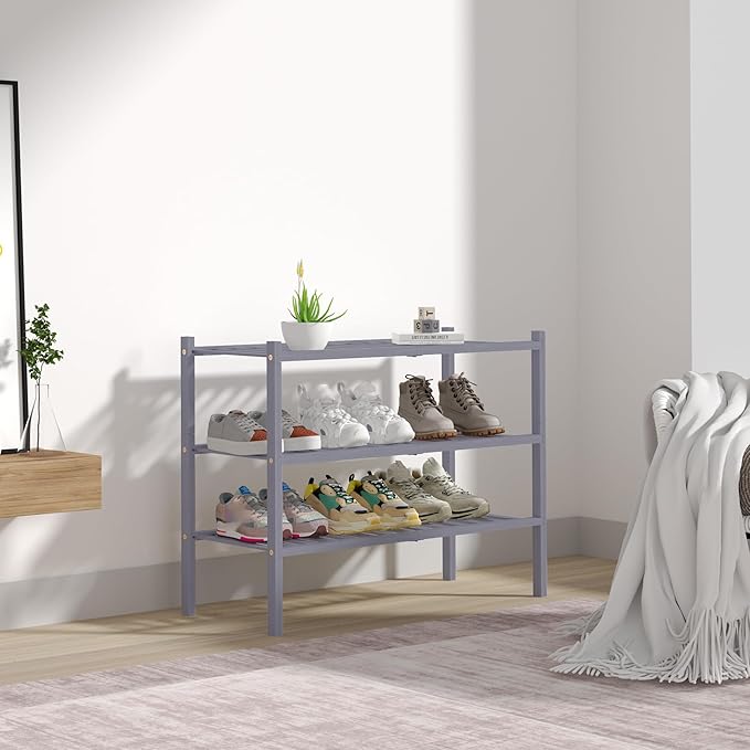ROMGUAR CRAFT 3 Tier Bamboo Shoe Rack for Closet Free Standing Wood Shoe Shelf Storage Organizer for Entryway Small Space Stackable 27"x11"x20" (Grey) - Image 7