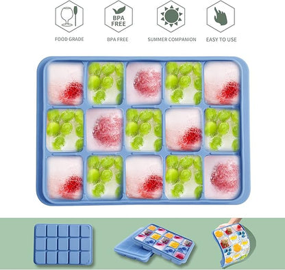 Ice Cube Trays Set of 2, Easy Release 15 Flexible Silicone Ice Cube Molds with Removable Lid Reusable Freezer Ice Trays Stackable for Whiskey, Baby Food, BPA Free (BLUE+GREEN) - Image 4