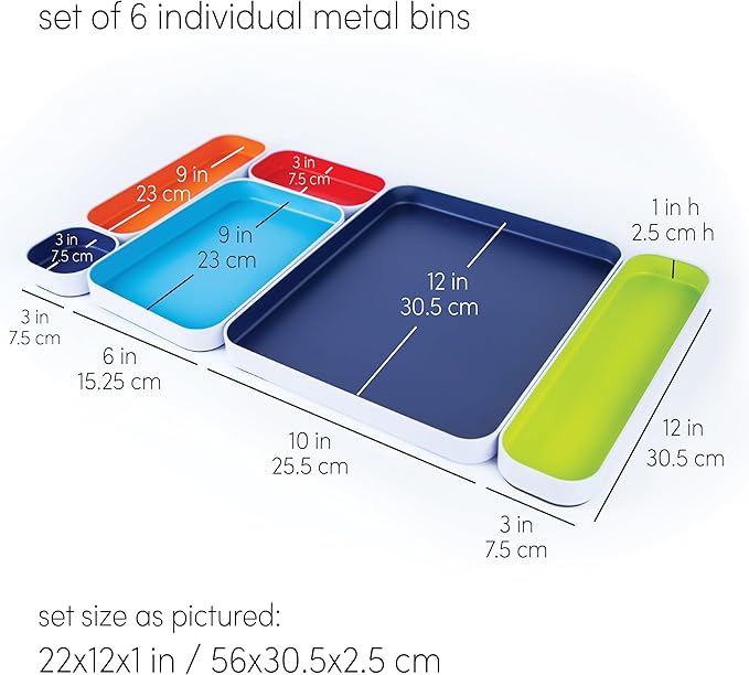 Three by Three Seattle 10 Piece Metal Organizer Tray Set for Storing Makeup, Stationery, Utensils, and More in Office Desk, Kitchen and Bathroom Drawers (2 Inch, Assorted Colors) - Image 3