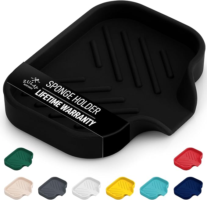 Zulay Kitchen Small Silicone Sponge Holder (4.9x3.3”) – Space-Saving Sink Organizer Tray for Sponge, Soap, Brush & More – Compact Non-Slip Dish for Kitchen & Bathroom (Black) by ZulayKitchen