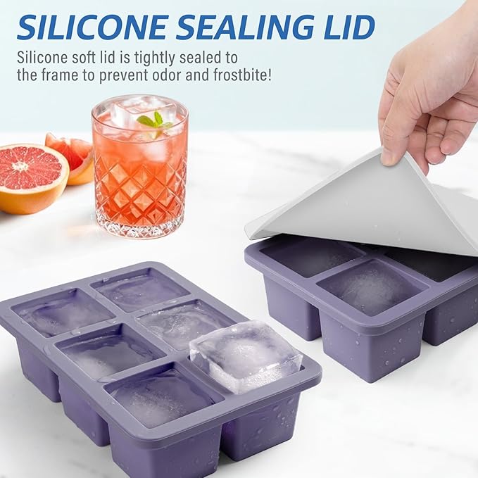 mossime Silicone Ice Cube Tray: 2pack Square Whiskey Large Ice Cube Molds - Old Fashioned Ice Cube Trays with Lid - 2inch Easy Release Big Freezer Mold for Cocktail Food Soup & Juice - Image 3