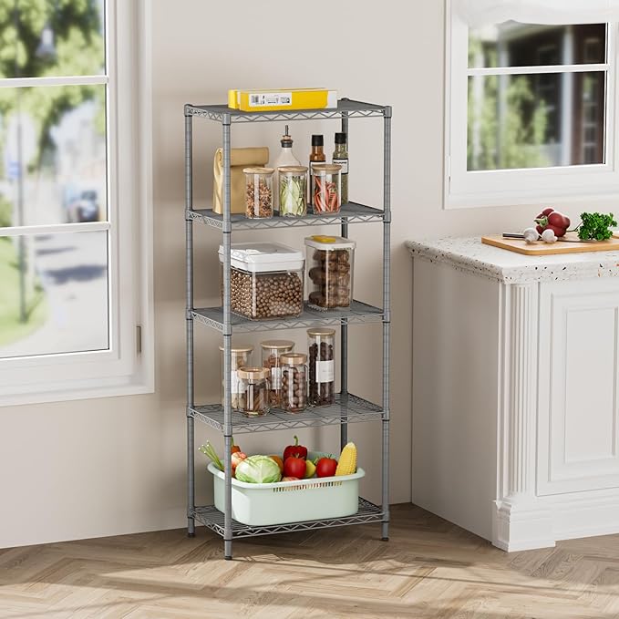 SINGAYE 5 Tier Storage Garage Shelving Units Heavy Duty Wire Shelves Pantry Metal for Pantry Closet Kitchen Laundry Bathroom Organizers Shelf Home Shorage Gray - Image 6
