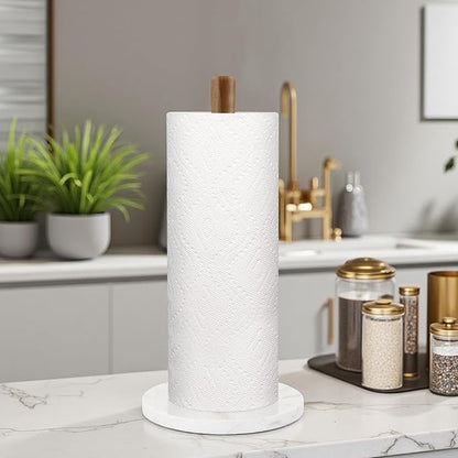 Buruis Wood Paper Towel Holder, Marble Base Modern Decorative Countertop Standing Rolls Holder for Kitchen, Toilet, Pantry and Bathroom (Marble Base White) - Image 7