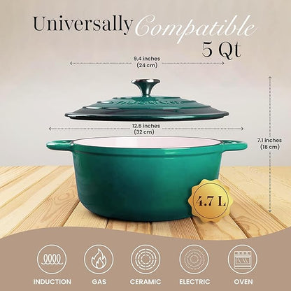 Cast Iron Dutch Oven with Lid – Non-Stick Ovenproof Enamelled Casserole Pot – Sturdy Dutch Oven Cookware – Dark Green, 5-Quart, 24cm – by Nuovva - Image 2