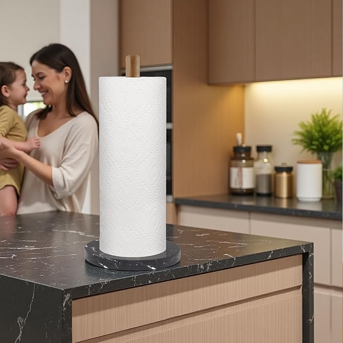 Buruis Wood Paper Towel Holder, Marble Base Modern Decorative Countertop Standing Rolls Holder for Kitchen, Toilet, Pantry and Bathroom (Marble Base Black) - Image 2