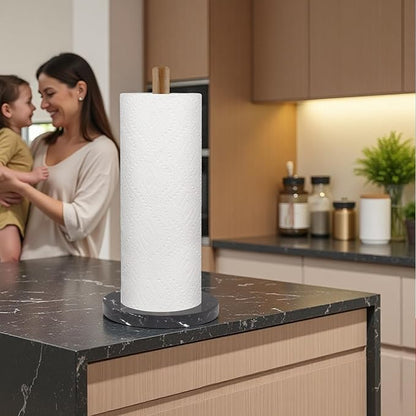 Buruis Wood Paper Towel Holder, Marble Base Modern Decorative Countertop Standing Rolls Holder for Kitchen, Toilet, Pantry and Bathroom (Marble Base Black) - Image 2