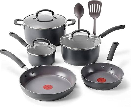 T-Fal Ultimate Hard Anodized Nonstick 10 Piece Cookware Set, Oven Safe Up to 400°F, Dishwasher Safe, Pots and Pans Set, Includes Frying Pans, Saucepan, Stockpot, Cooking Utensils, Stone by T-falbrand