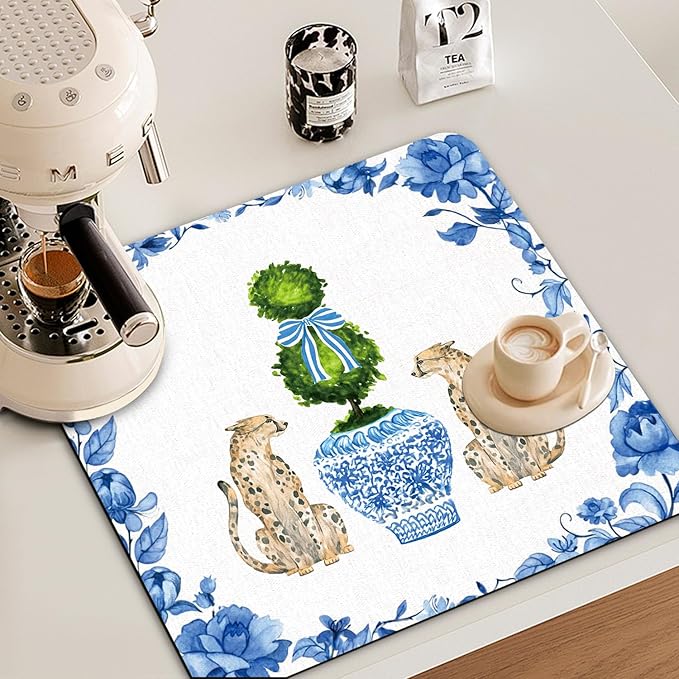 Chinoiserie Dish Drying Mat - Blue And White Porcelain Dish Drying Mat,Chinoiserie Leopard Drying Mat For Kitchen Counter,Coffee Bar Mat,Vintage Chinoiserie Drying Mat,16x17.5 Inch