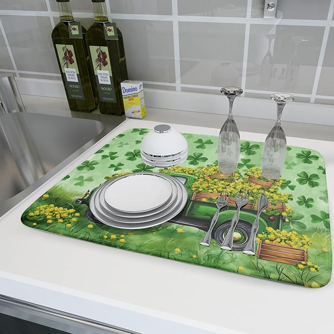 Green Holiday Dish Drying Mat Lucky Clover Truck Drying Mat for Kitchen Counter 18 X 24 - Image 6