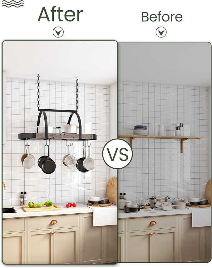 CHOEZON Hanging Pot Rack, Pot Hanger for Kitchen, Ceiling Mounted Pot Holder, Cookware Organizer with 12 S-Shaped Hooks, for Pot, Pan Storage, Space-Saving, Greige and Black TPR08BGC1 - Image 6