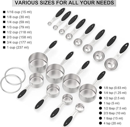 Measuring Cups & Spoons Set of 16, Wildone Stainless Steel Measuring Cups and Measuring Spoons with Black Silicone Handle, Including 8 Nesting Cups, 8 Spoons, for Dry and Liquid Ingredient