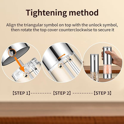 Rechargeable Salt & Pepper Grinder Set - Electric Automatic Grinder, Adjustable Coarseness, LED Light, One-Hand Operation, Stainless Steel & Acrylic, USB Charging, Silver (Set of 2)