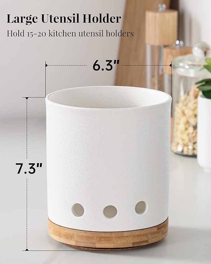 LoeJan 360° Rotating Ceramic Utensil Holder for Kitchen Countertop – Cooking Utensil Crock Organizer with Non-Slip Cork Base for Farmhouse Kitchen Decor, Textured White - Image 2