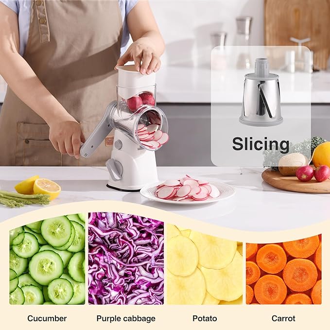 Rotary Cheese Grater Hand Crank, Kitchen Mandolin Vegetable Cheese Shredder with 3 Interchangeable Blades,Easy Clean Rotary Grater with Handle,Kitchen Grater Grinder for Cutting Cheese,Vegetable Nuts - Image 3