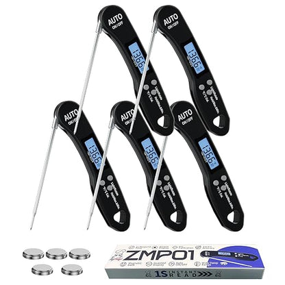 5 PCs Instant Read Meat Thermometer, 1.2s Fast Read, ±1°F Accuracy, -58°F to 572°F, 4.4" Foldable Probe, 0 °C Calibration, Min/Max (Session), Auto-Rotating Backlit Display, °F/°C, Magnetic Back by Meatender