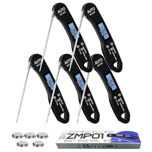 5 PCs Instant Read Meat Thermometer, 1.2s Fast Read, ±1°F Accuracy, -58°F to 572°F, 4.4" Foldable Probe, 0 °C Calibration, Min/Max (Session), Auto-Rotating Backlit Display, °F/°C, Magnetic Back by Meatender
