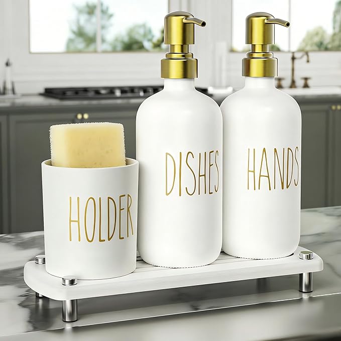Cisily Kitchen Soap Dispenser Set Comes with Ceramics Sponge Holder, Gold Pumps, and Instant Dry Tray, Hand and Dish Soap Dispenser Set (4, Gold + White + Brush Holder) by CISILYHOMELIFE