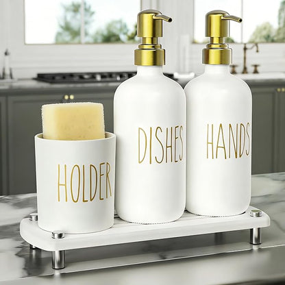Cisily Kitchen Soap Dispenser Set Comes with Ceramics Sponge Holder, Gold Pumps, and Instant Dry Tray, Hand and Dish Soap Dispenser Set (4, Gold + White + Brush Holder) by CISILYHOMELIFE
