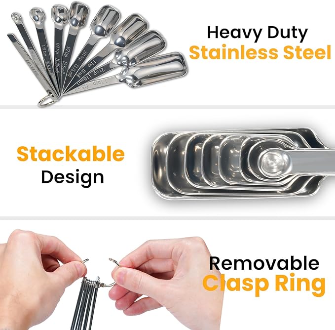 9 Pcs Measuring Spoons Set with Leveler, Metal Teaspoon & Tablespoon Measuring Spoons for Cooking & Baking, Fits in Spice Jars, Kitchen Gadgets for Dry & Liquid Ingredients - Image 2
