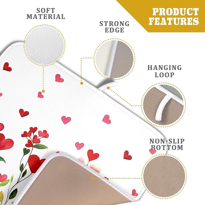 Valentines Day Dish Drying Mat for Kitchen Counter 18x16 Inch Green Red Heart Drying Mat with Absorbent Reversible Microfiber Holiday Love Dish Drainer Mats Rack Pad for Coffee Countertop Protector