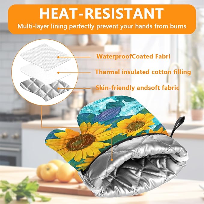 Sunflower Oven Mitts and Pot Holders Sets 4Pcs,Extra Long Oven Gloves Potholder for Kitchen Cooking Baking BBQ 100% Cotton Heat Resistant - Image 3