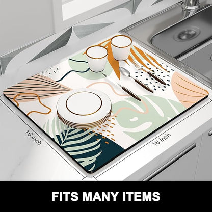 Rnivvi Dish Drying Mat for Kitchen Counter, 16 x 18" Cute Boho Theme Absorbent Heat Resistant Drying Pad with Non-slip Rubber, Coffee Bar Mats for Coffee Machine Dish Rack, Tropical Leaves - Image 3