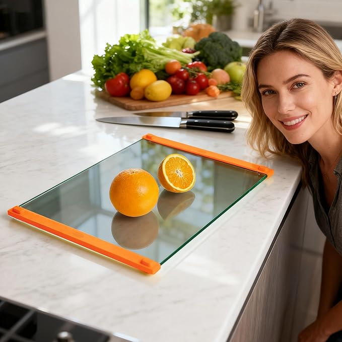 Glass Cutting Boards for Kitchen(12x16" & 12x8"),European Grey Glass Paired with Orange Silicone Grip,No Scratches/Microplastic-Free/Non Toxic,Excellent Gift for Mother's Day and Father's Day