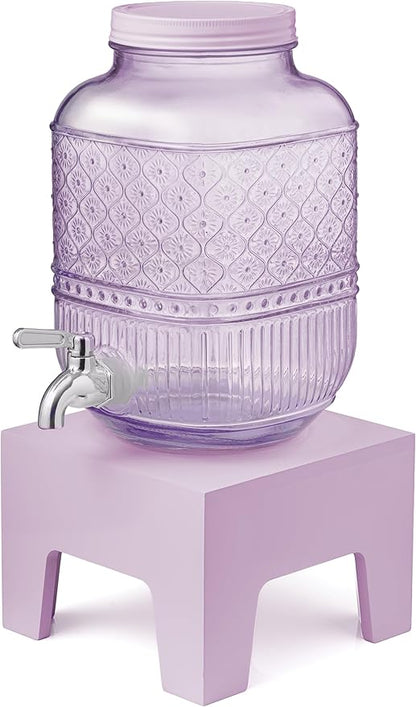 Beverage Dispenser 1 Gallon, Glass Drink Dispenser with Wooden Base Stand, Wide Mouth Jar for Lemonade, Iced Tea, Infused Water, Vintage Kitchen Decor - Lavender