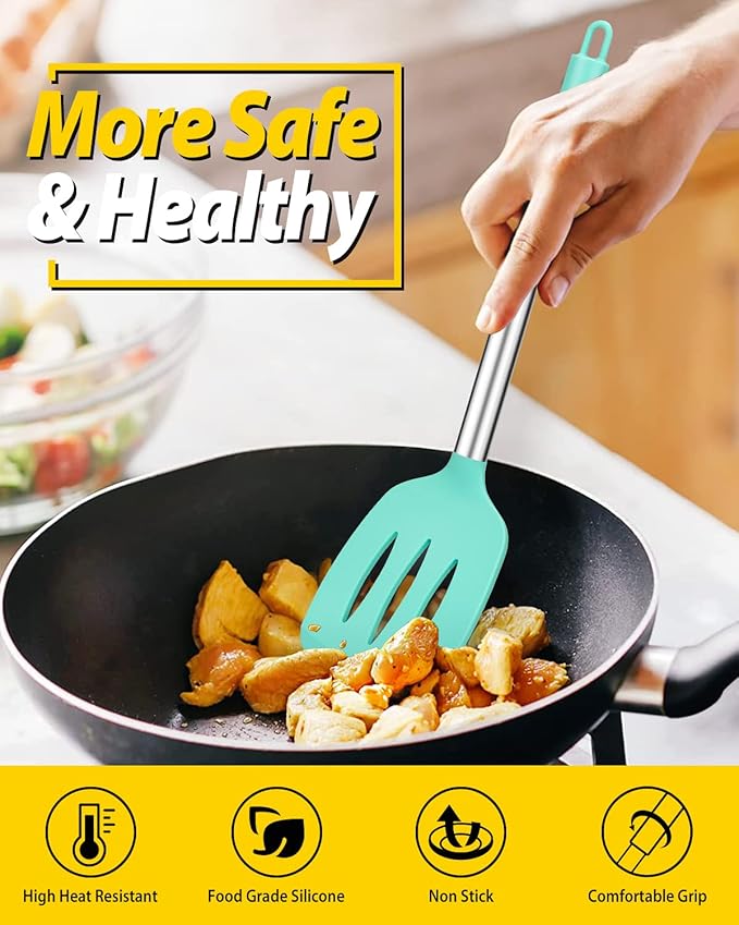 Pack of 2 Silicone Solid Turner, Non Stick Slotted Kitchen Spatulas, High Heat Resistant BPA Free Cooking Utensils, Ideal Cookware for Fish, Eggs, Pancakes(Green) - Image 5