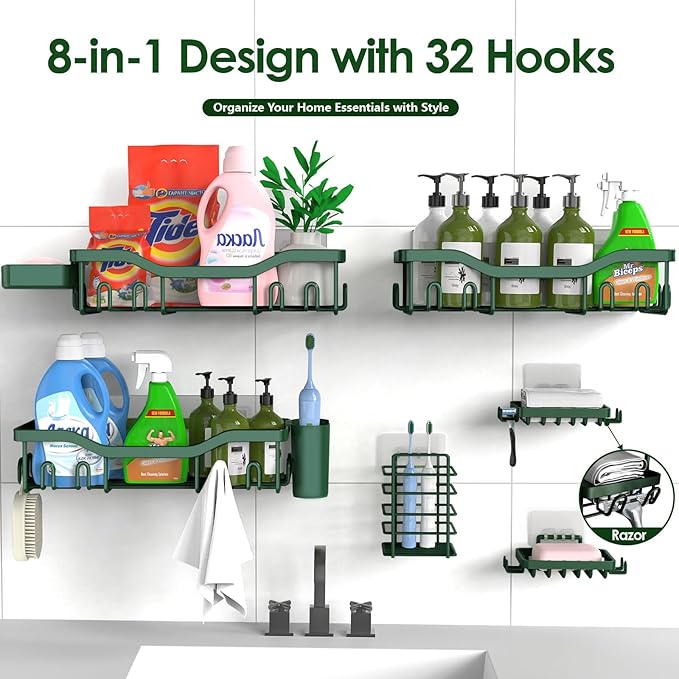 NESOMI Shower Caddy Adhesive Shower Organizer 8-Pack, Rustproof Stainless Steel Bathroom Shelves, Large Capacity No-Drill Rack Storage Accessories with Soap Dish Toothbrush Holder Hooks - Image 7