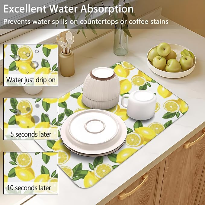 Dish Drying Mat for Kitchen Counter 2 Pack with Non-Slip Rubber Backing - Heat-Resistant Absorbent Coffee Bar Mat, Dish Rack Mat, Lemon Dish Drying Mats 18x24+19.5x12 inch