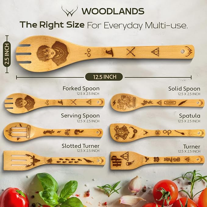 Harry Gifts for All Potter Fans Wooden Spoons for Cooking - 6-Piece Wooden Utensil Set with Spatulas & Spoons, Heat-Resistant, Eco-Friendly Kitchen Utensils for Non-Stick Cookware - Image 3
