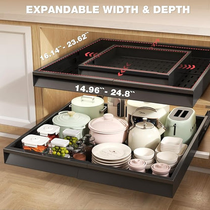 Seinloes 2 Pack Pull Out Cabinet Organizer With Raising Pad for Framed Cabinets,Expandable Width (15"-25") and Depth (17"-24"),3 Slide Rails Slide Out Drawers with Handle,No-Drill Roll Out Shelf,Black - Image 2
