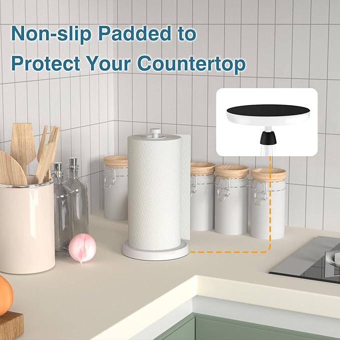 White Paper Towel Holder Countertop, White Kitchen Accessories Decor, Stainless Steel, Weighted Base, Paper Towel Roll Holder Stand with Ratchet Mechanism for Kitchen Bathroom Farmhouse Essentials - Image 4
