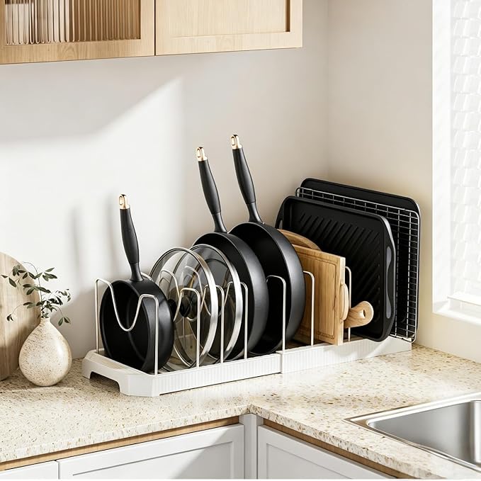 MUDEELA Pots and Pans Organizer under Cabinet, Pot Rack with Expandable Pot Lid Organizers Holder for 10 Adjustable Dividers, Pan Organizers inside Cabinet for Pan Lids, Cutting Boards, Baking Sheets - Image 5