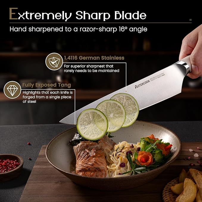 Knife Set, Astercook Kitchen Knife Set with Block, 15 Pcs Luxurious High Carbon German Stainless Steel Knives Set with Full Tang Ergonomic Handle, Dishwasher Safe Knife Set with Sharpening Rod
