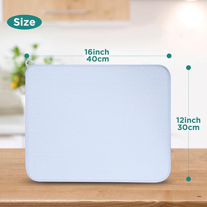 GeeRic 12 * 16 inch Microfiber Dish Drying Mat, Superb Absorbent Kitchen Dish Drying Pad, Reversible Drainboard for Countertop, Blue - Image 2