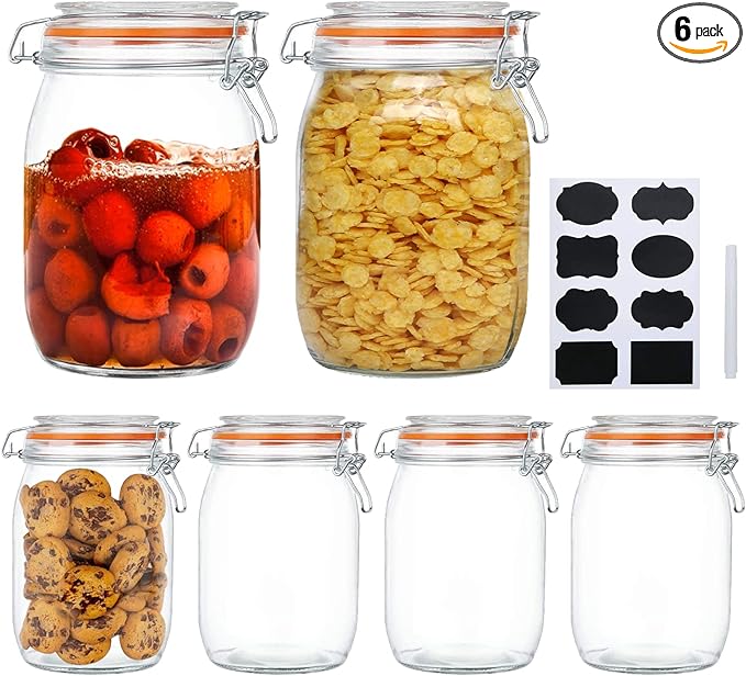 Glass Jars 32oz,Airtight Glass Food Storage Jar with Clamp Lid,1000ml Rounded Airtight Canister with Leak Proof Rubber Gasket,Clear Glass Kitchen Jars for Dry Food,Cereal,Beans,6 Pack by Encheng