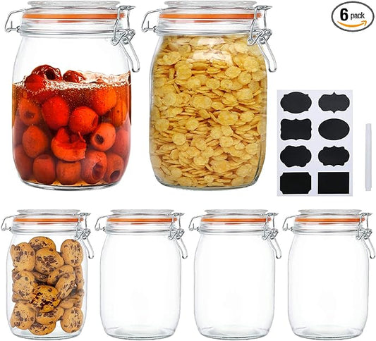 Glass Jars 32oz,Airtight Glass Food Storage Jar with Clamp Lid,1000ml Rounded Airtight Canister with Leak Proof Rubber Gasket,Clear Glass Kitchen Jars for Dry Food,Cereal,Beans,6 Pack by Encheng